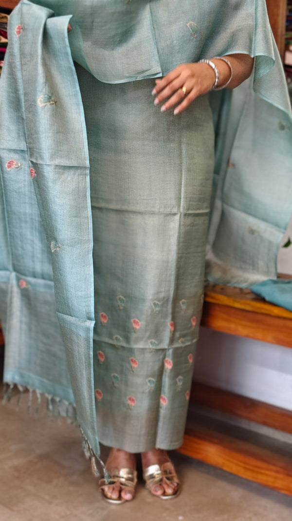 Teal Checked Tussar Silk Suit - 81NZ