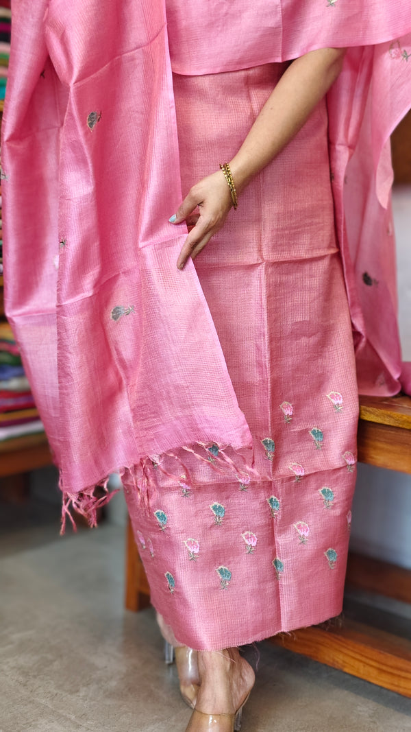 Flamengo Pink Checked Tussar Silk Suit - 81NZ - B