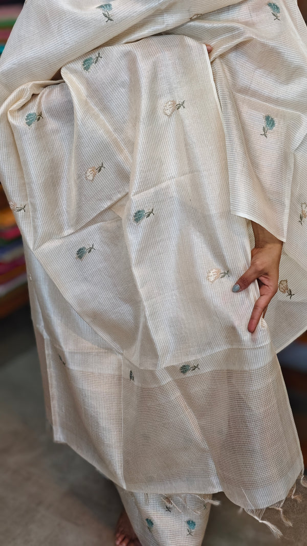 Cream Zari Checked Tussar Silk Suit - 81NZ - D