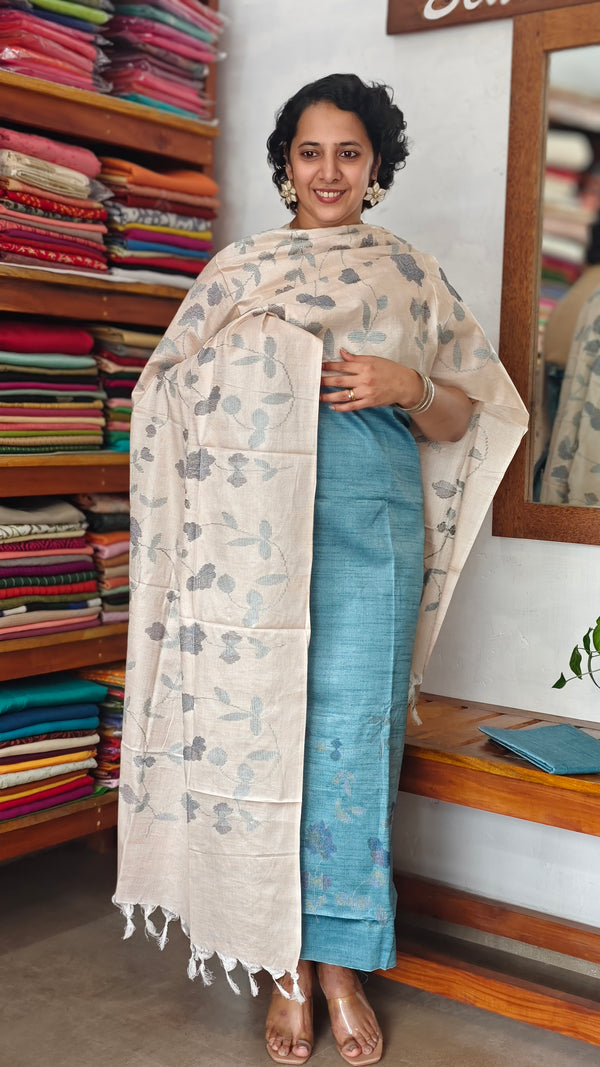 Blue and Beige Semi Silk Cross Stitch Embroidered Suit - UB44