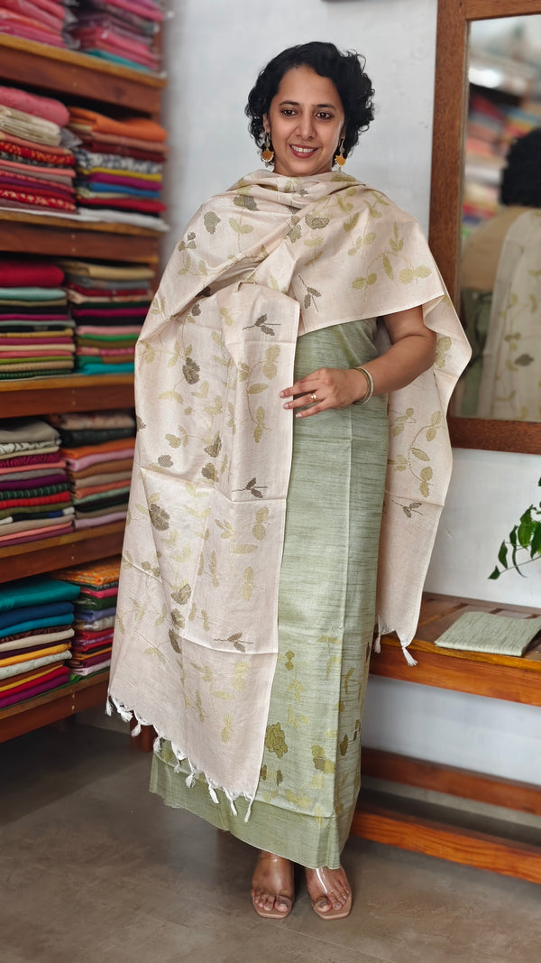 Green and Beige Semi Silk Suit with Cross Stitch Embroidery - UB44