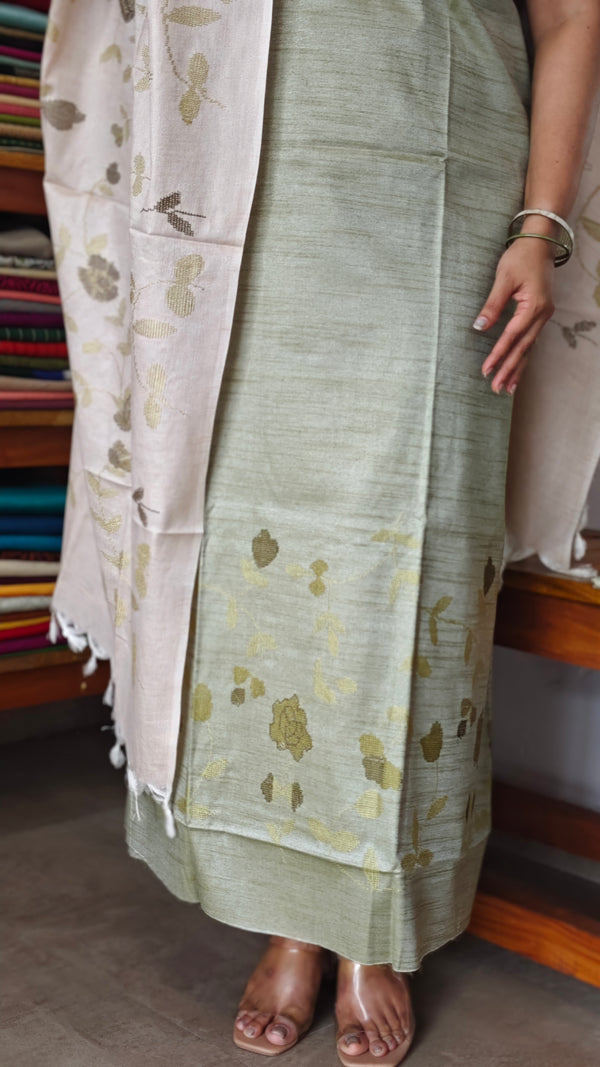 Green and Beige Semi Silk Suit with Cross Stitch Embroidery - UB44