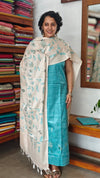 Light Blue and Beige Semi Silk Suit with Cross Stitch Embroidery - UB44