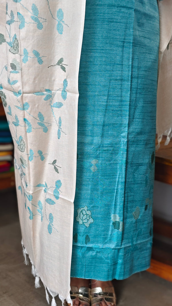Light Blue and Beige Semi Silk Suit with Cross Stitch Embroidery - UB44
