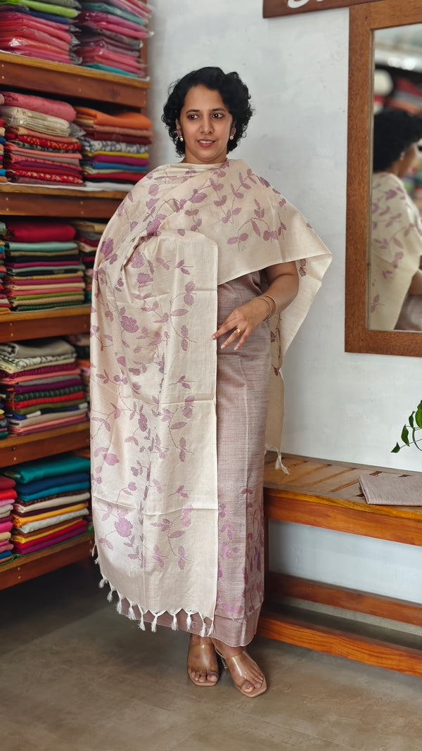 Mauve Lavender and Beige Semi Silk Suit with Cross Stitch Embroidery - UB44