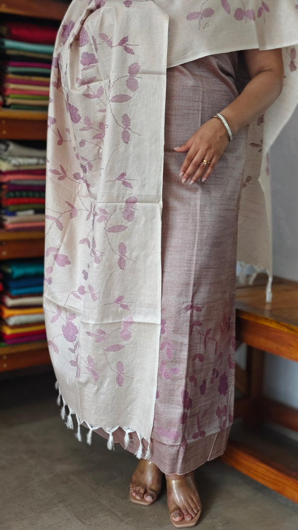 Mauve Lavender and Beige Semi Silk Suit with Cross Stitch Embroidery - UB44