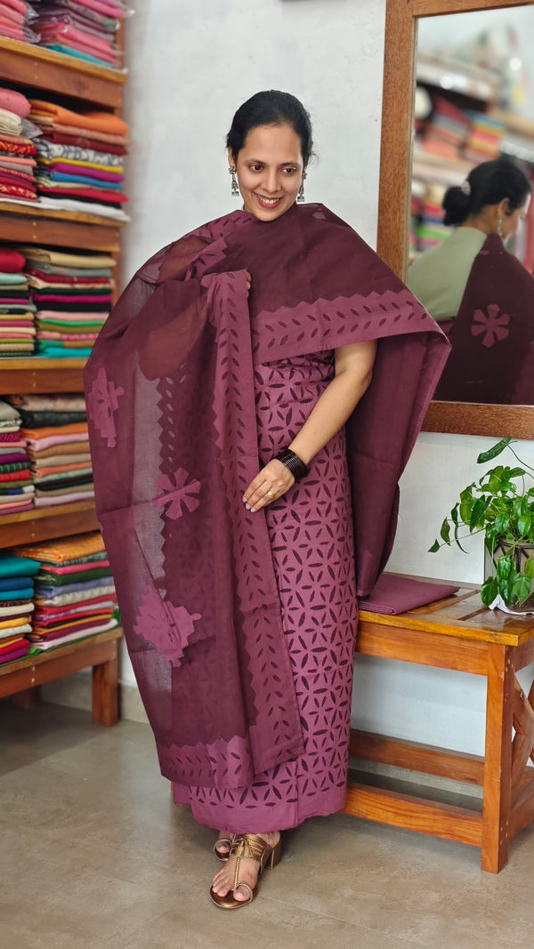 Wine Cotton Suit with Organdy Applique - MMC5 - 1