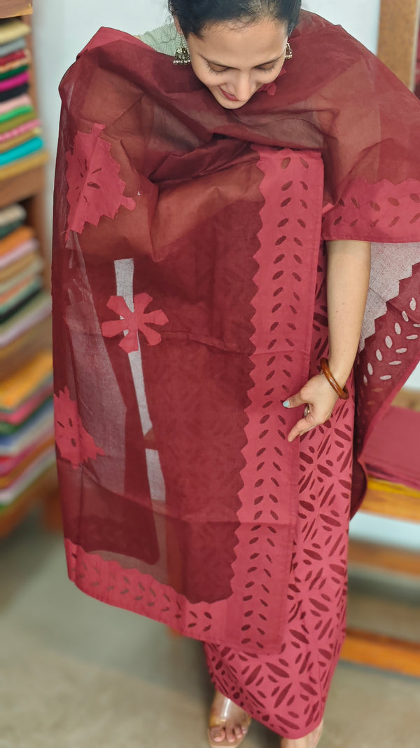 Reddish Maroon Cotton Applique Suit - MMC5