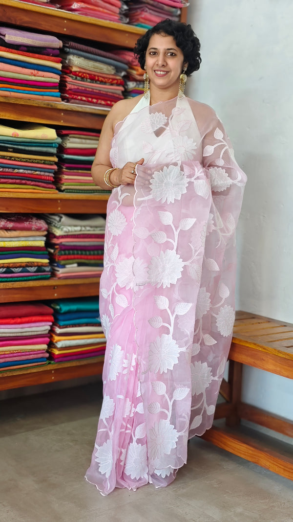 Pastel Pink Applique Organza Saree - PSG2