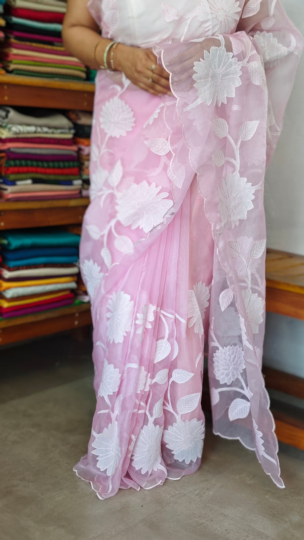Pastel Pink Applique Organza Saree - PSG2