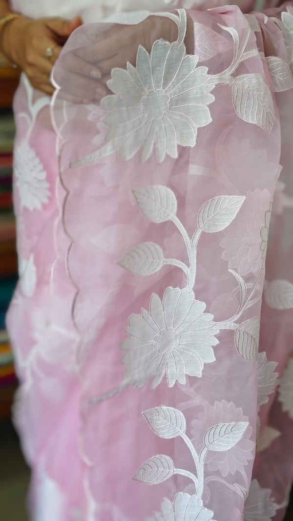Pastel Pink Applique Organza Saree - PSG2