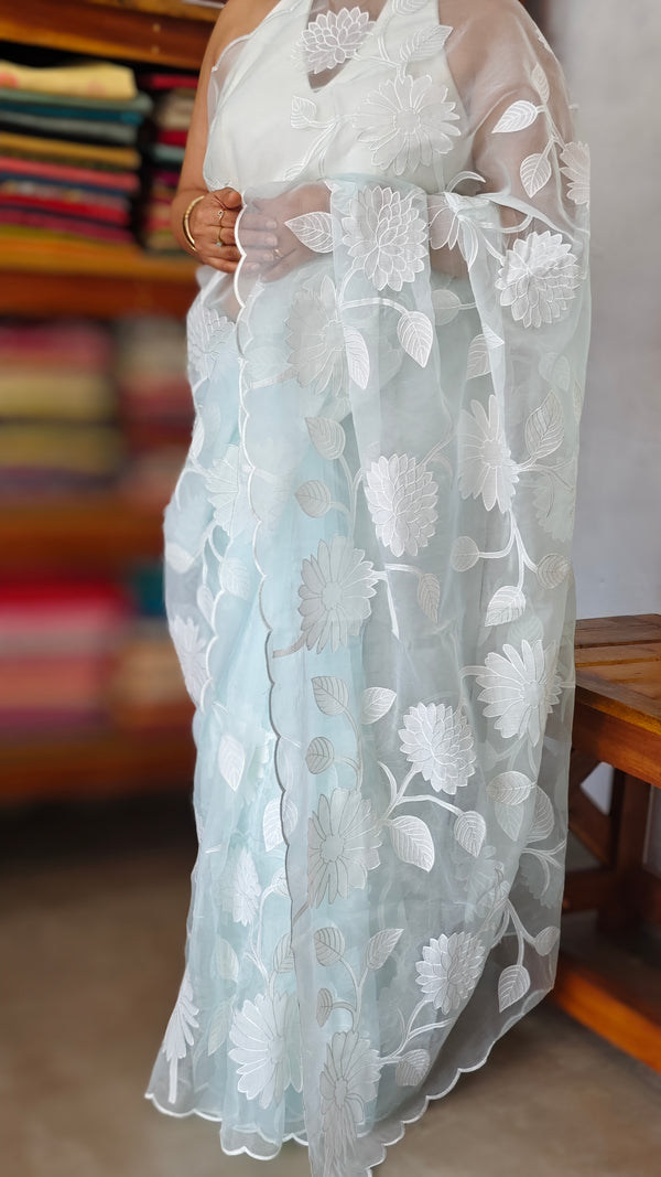 Ice Blue Organza Applique Saree - PSG2