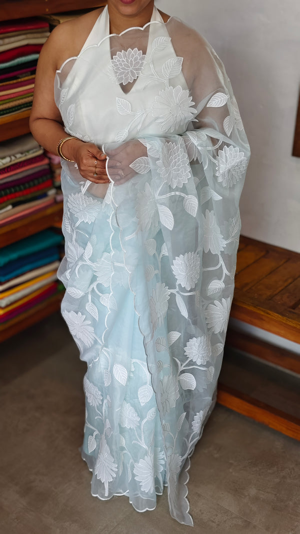 Ice Blue Organza Applique Saree - PSG2