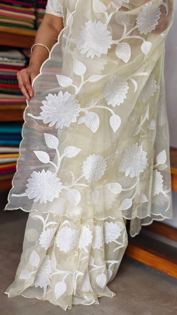 Pastel Yellow Applique Organza Saree - PSG2