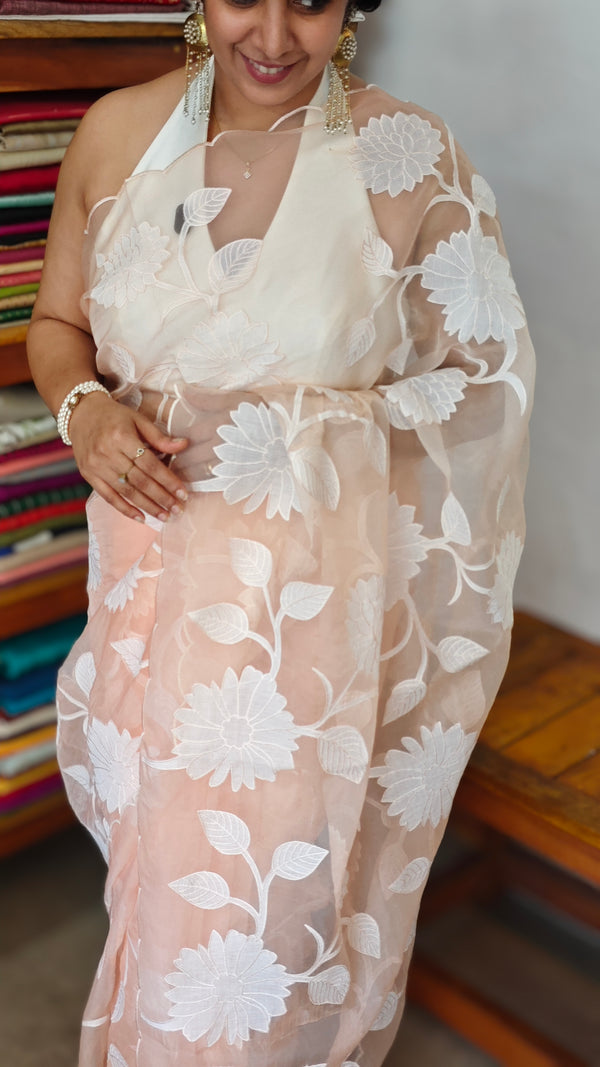 Pastel Peach Applique Organza Saree - PSG2