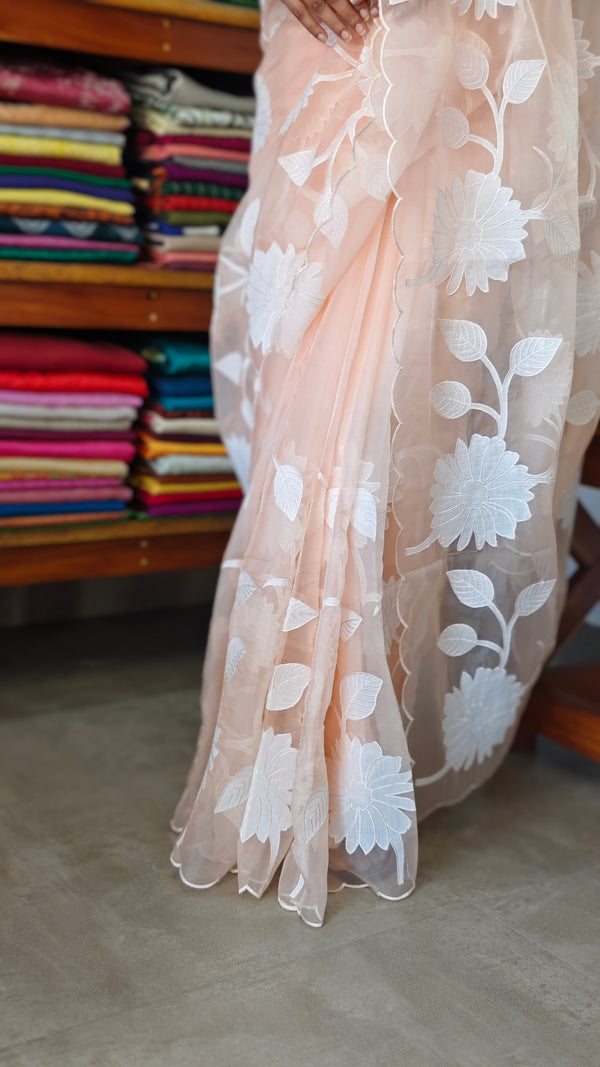 Pastel Peach Applique Organza Saree - PSG2