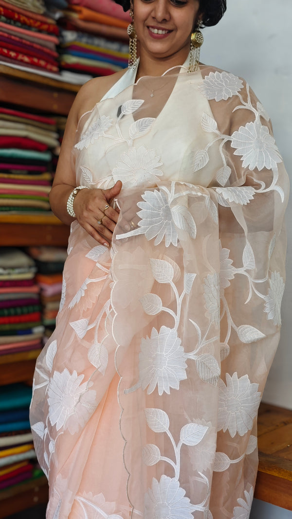 Pastel Peach Applique Organza Saree - PSG2