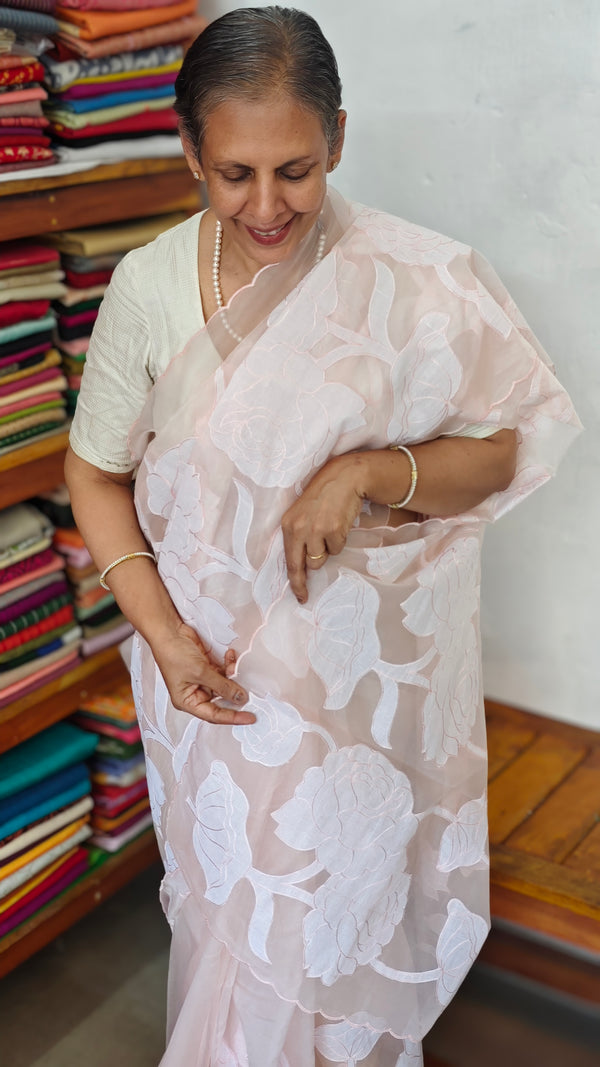 Pastel Pink Peach Applique Organza Saree - PSG2