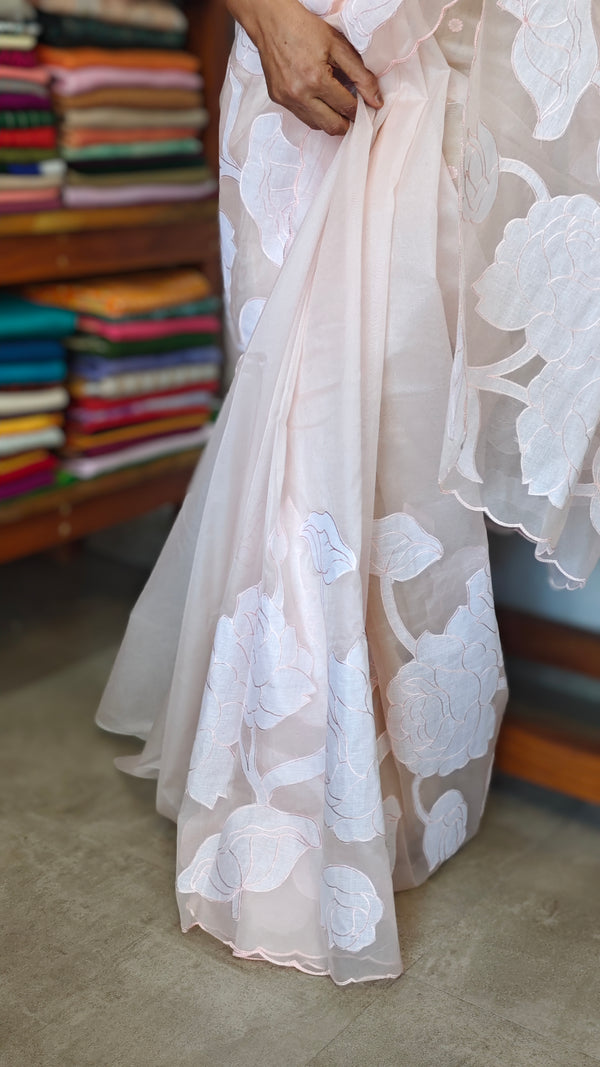 Pastel Pink Peach Applique Organza Saree - PSG2