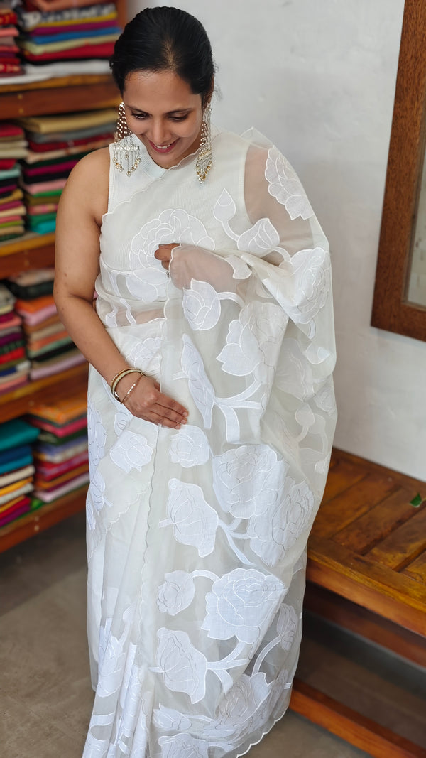 White Organza Applique Saree - PSG2