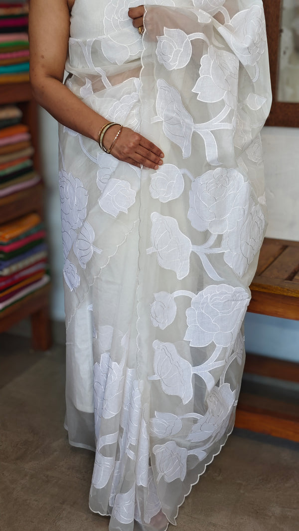 White Organza Applique Saree - PSG2