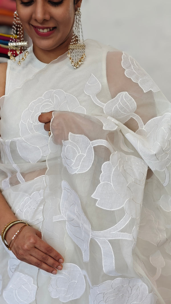 White Organza Applique Saree - PSG2