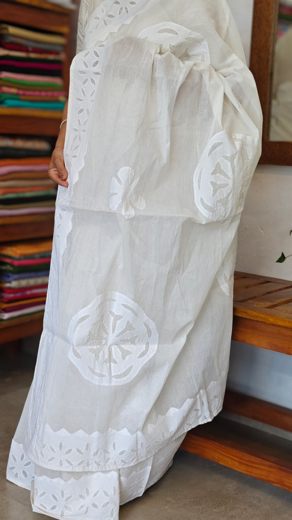 Cream Organdy Saree with Cotton Applique - 7188