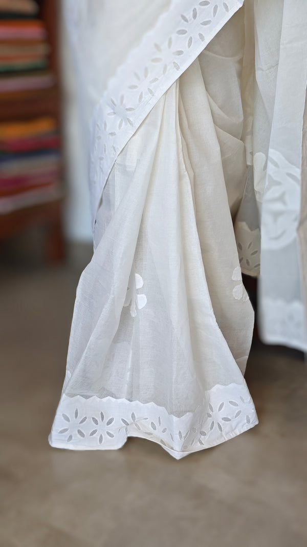 Cream Organdy Saree with Cotton Applique - 7188