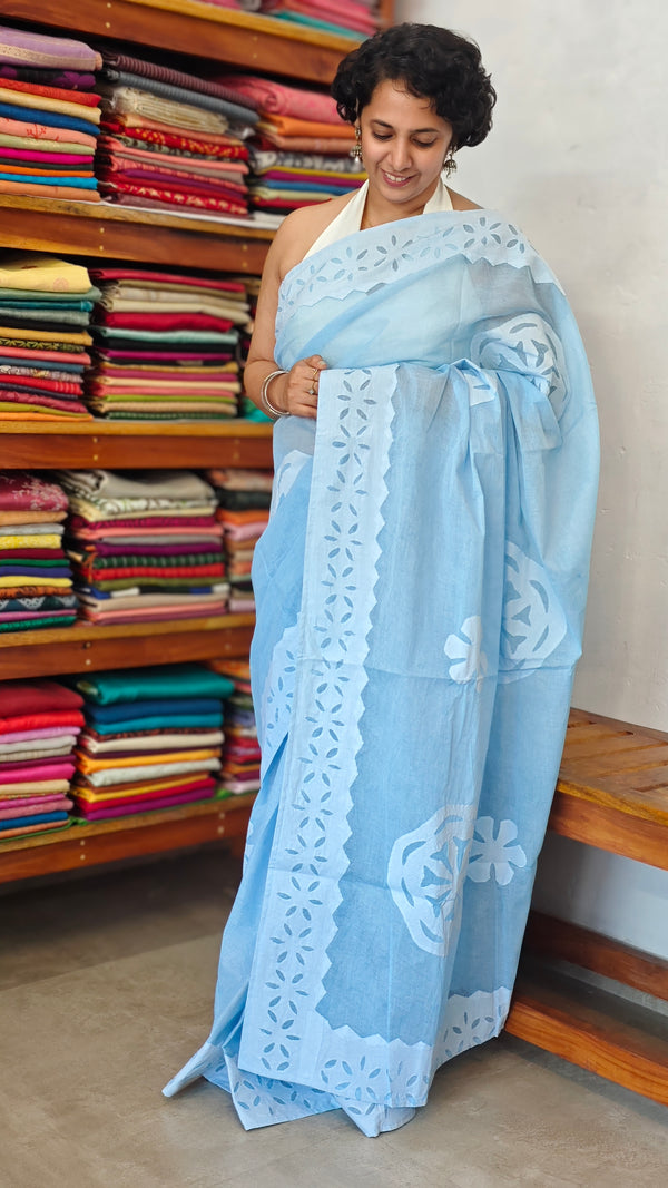 Blue Organdy Saree with Cotton Applique - 7188