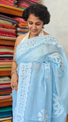 Blue Organdy Saree with Cotton Applique - 7188