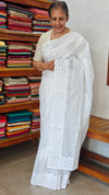 White Organdy Saree with Cotton Applique - 7188