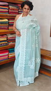Teal Green Organdy Saree with Cotton Applique - 7188
