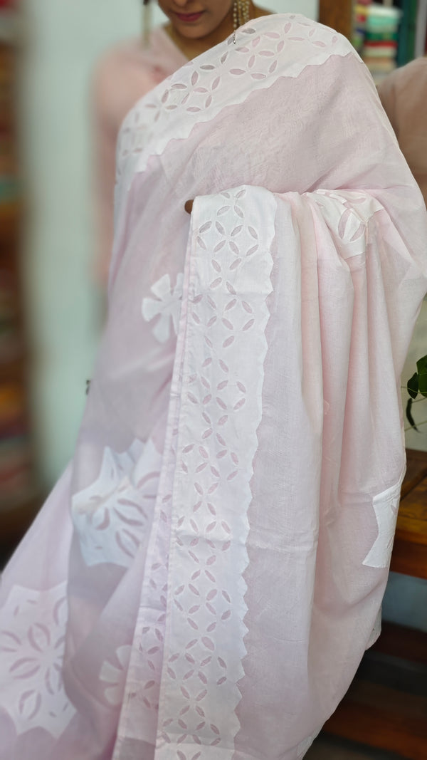 Baby Pink Organdy Saree with Cotton Applique - 7188