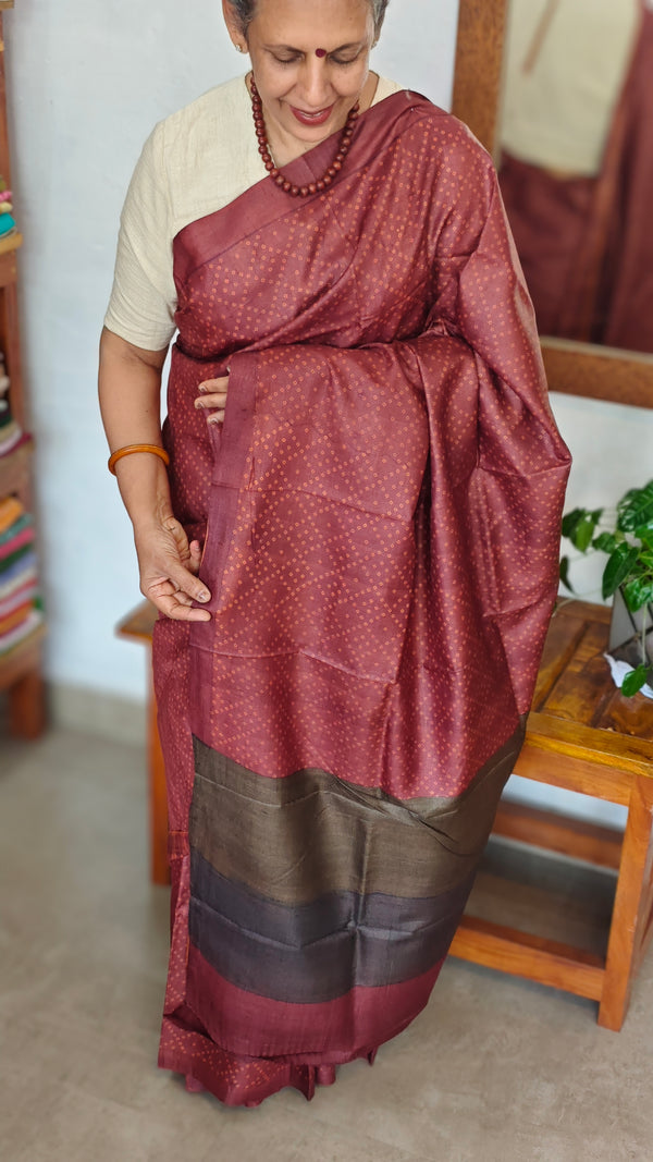 Dark Maroon Printed Tussar Silk Saree - PK772