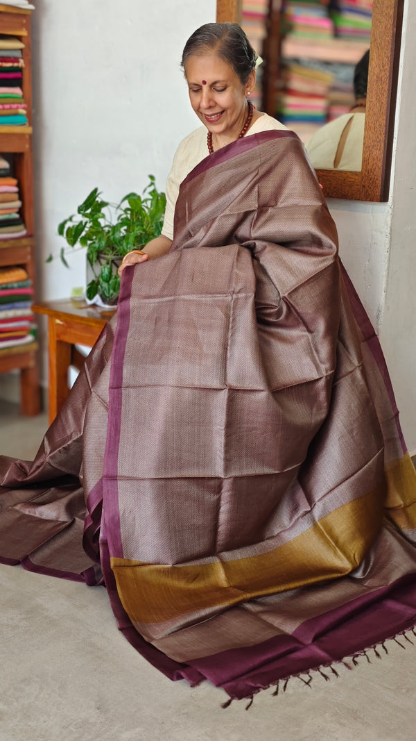 Saddle Brown Printed Tussar Silk Saree with Wine borders - PK772