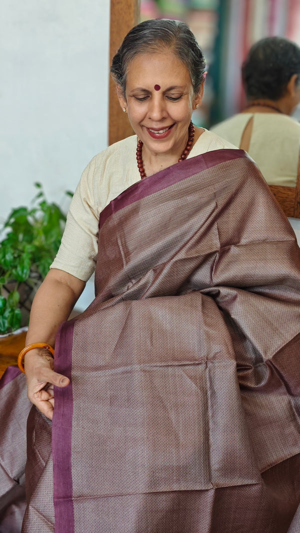 Saddle Brown Printed Tussar Silk Saree with Wine borders - PK772