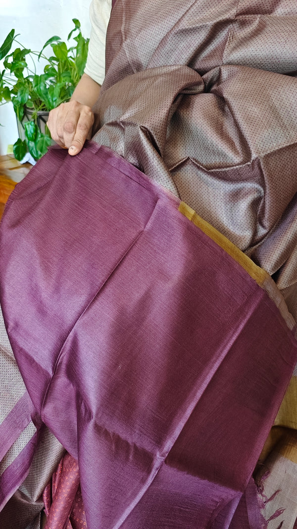 Saddle Brown Printed Tussar Silk Saree with Wine borders - PK772
