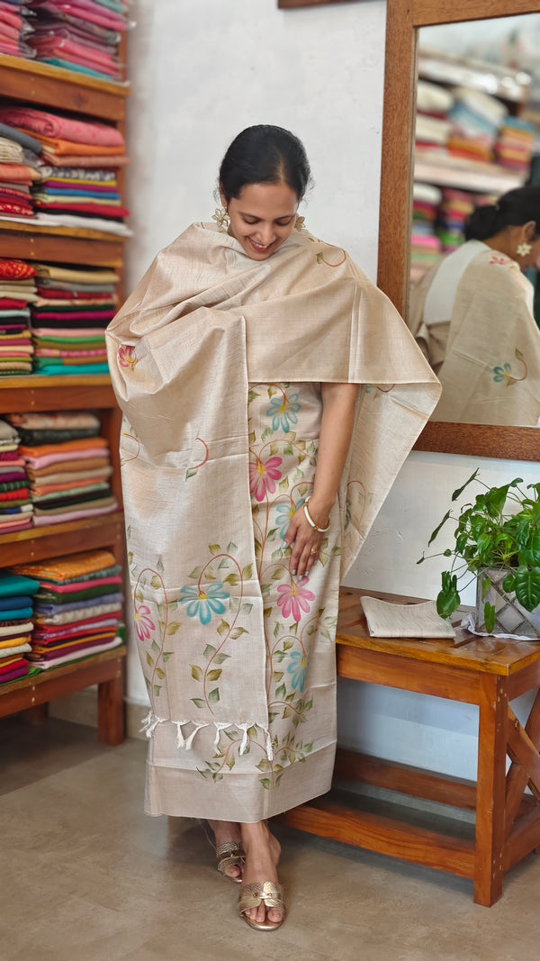 Beige Semi Tussar Silk Suit with Painting - ETV6