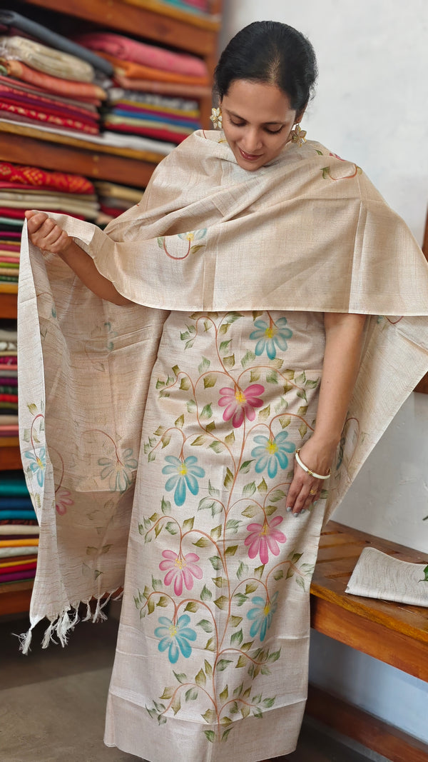 Beige Semi Tussar Silk Suit with Painting - ETV6