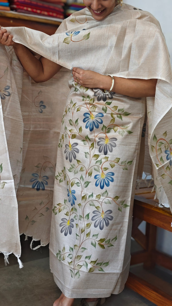 Beige Semi Tussar Suit with Painting - ETV6 - Grey