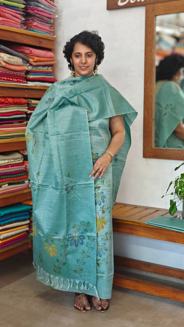 Teal Semi Tussar Suit with Painting - ETV6