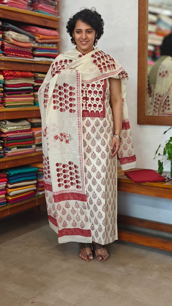 Off White and Maroon Block Printed Cotton Suit