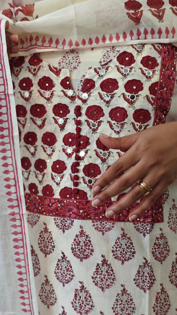 Off White and Maroon Block Printed Cotton Suit