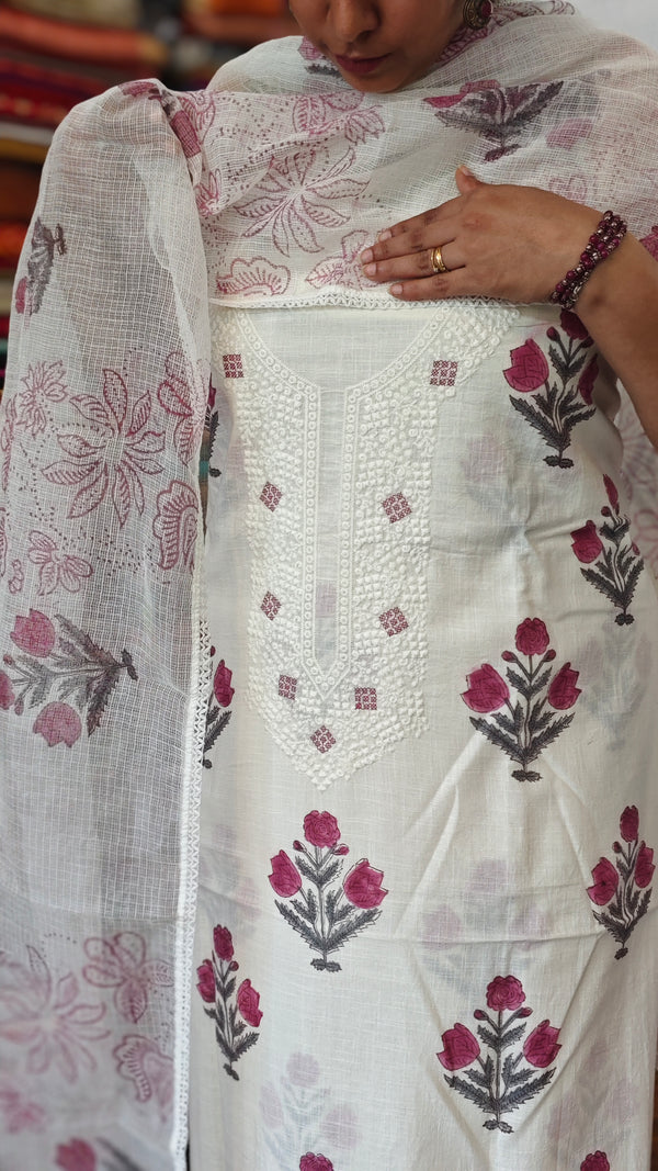 Off White Cotton Block Printed Top with kota doria dupatta