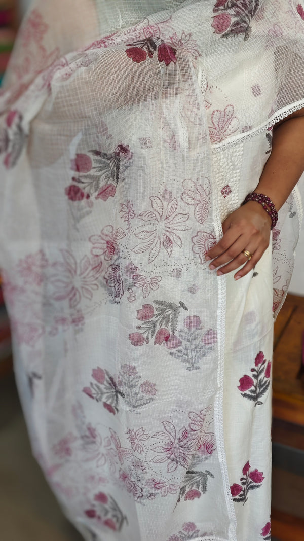 Off White Cotton Block Printed Top with kota doria dupatta