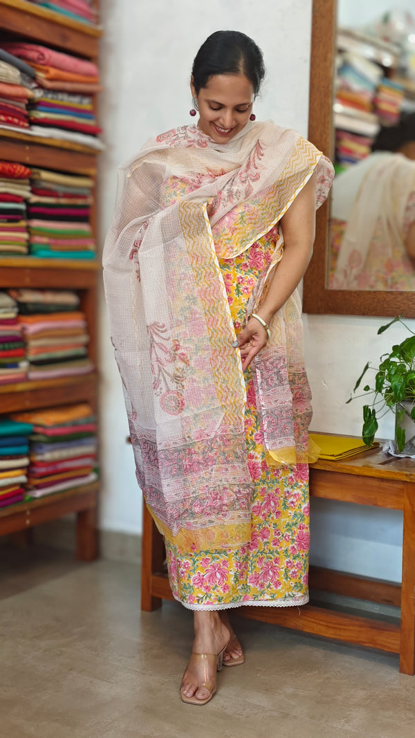 Mustard Floral Printed Cotton Suit with Kota Doria Dupatta