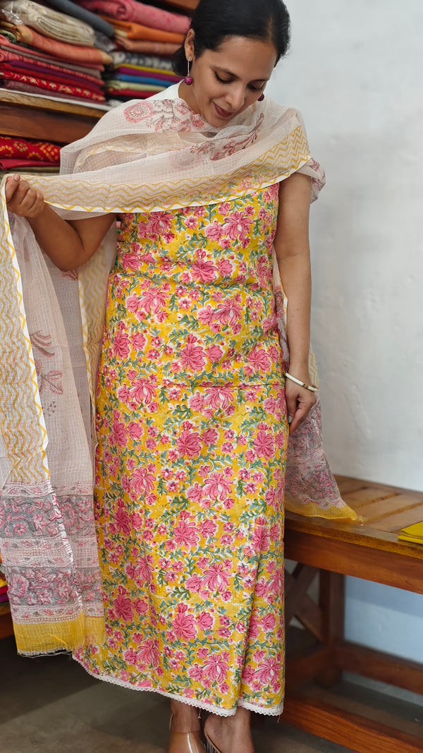 Mustard Floral Printed Cotton Suit with Kota Doria Dupatta