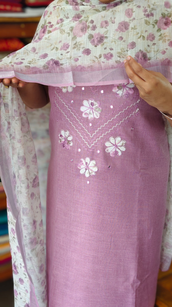 Lilac Linen Cotton Suit with Floral Dupatta - BVC5