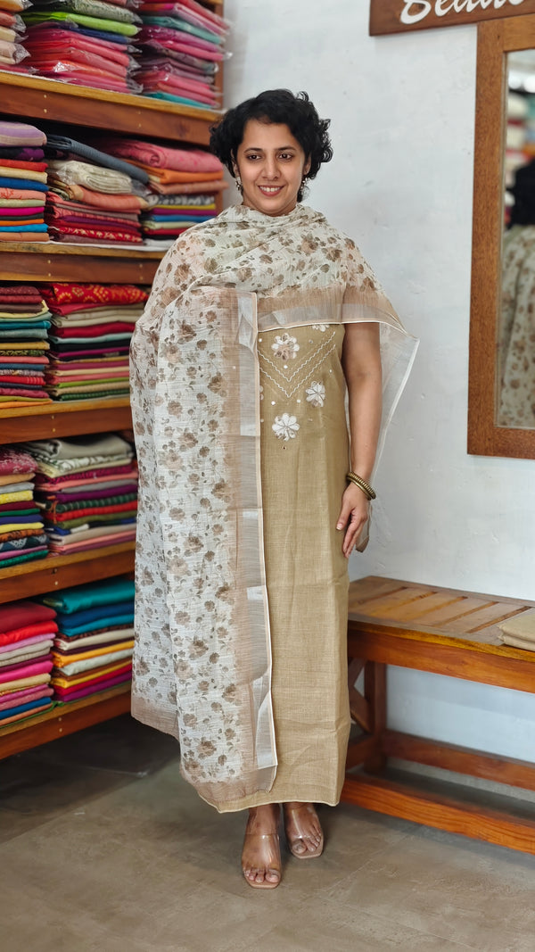 Beige Linen Cotton Suit with Floral Dupatta - BVC5