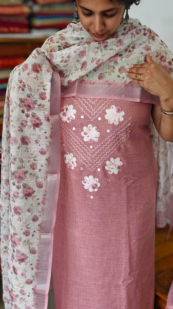 Mauve Pink Linen Cotton Suit with Floral Dupatta - BVC5